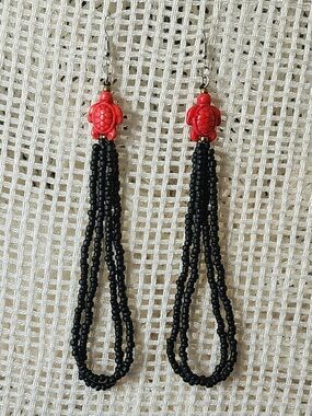 Red Turtle Bead & Black Seed-Bead Tassel Earrings